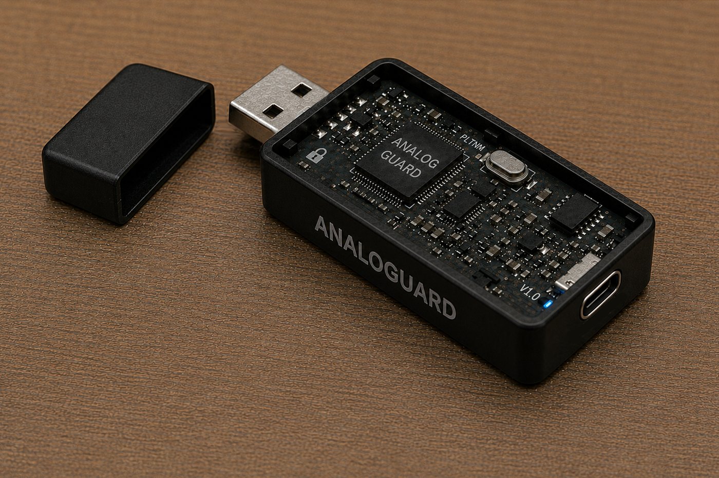 Development depiction of the targeted Analog Guard USB device showing the USB-C port on the opposite end.